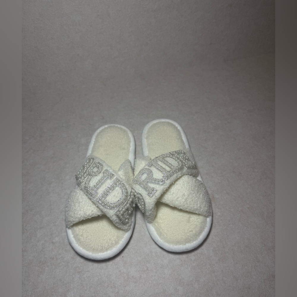 Wedding Bride Bridal Cream White Slippers Pearl Rhinestone Women Size 7-8